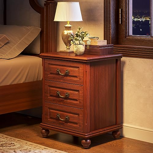 LITTLE TREE Nightstand with 3 Drawers Mid-Century Modern Night Stand with Storage, Traditional Antique Bedside Bedroom, Wood Side End Table for Living Room, Cherry