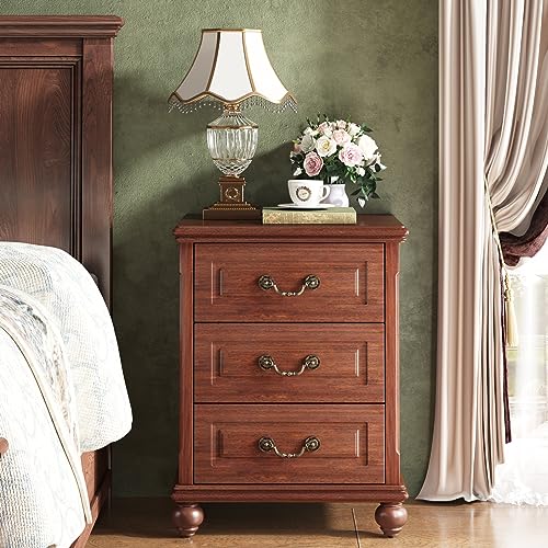 LITTLE TREE Nightstand with 3 Drawers Mid-Century Modern Night Stand with Storage, Traditional Antique Bedside Bedroom, Wood Side End Table for Living Room, Cherry