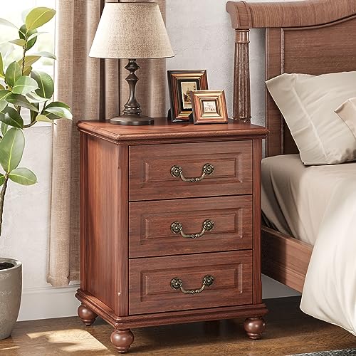 LITTLE TREE Nightstand with 3 Drawers Mid-Century Modern Night Stand with Storage, Traditional Antique Bedside Bedroom, Wood Side End Table for Living Room, Cherry