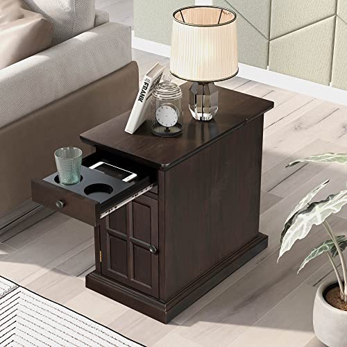 CKLMMC Vintage Livingroom End Table Side Table,Multifunctional Nightstand with USB Ports and Drawer with Cup Holders (Antique Espresso/USB*)