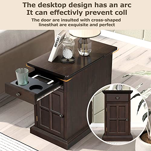 CKLMMC Vintage Livingroom End Table Side Table,Multifunctional Nightstand with USB Ports and Drawer with Cup Holders (Antique Espresso/USB*)