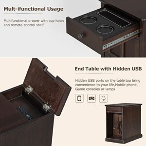 CKLMMC Vintage Livingroom End Table Side Table,Multifunctional Nightstand with USB Ports and Drawer with Cup Holders (Antique Espresso/USB*)