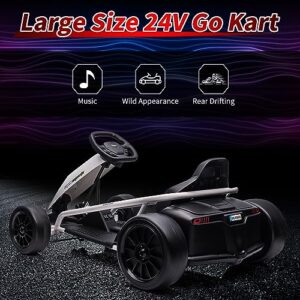 Ride on Go Kart for Kids, 24V 9Ah Battery 300W*2 Motors, 8MPH High Speed Drifting Circling Car, Slow Start Function with Music, Horn,Max Load 175lbs, Racing Toy for Kids 8-12 Years, White
