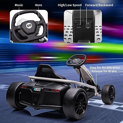 Ride on Go Kart for Kids, 24V 9Ah Battery 300W*2 Motors, 8MPH High Speed Drifting Circling Car, Slow Start Function with Music, Horn,Max Load 175lbs, Racing Toy for Kids 8-12 Years, White