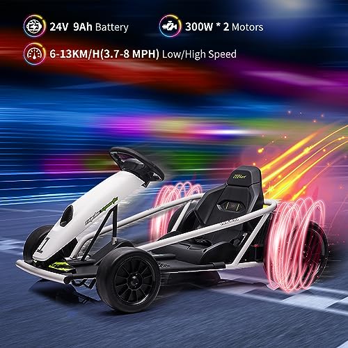 Ride on Go Kart for Kids, 24V 9Ah Battery 300W*2 Motors, 8MPH High Speed Drifting Circling Car, Slow Start Function with Music, Horn,Max Load 175lbs, Racing Toy for Kids 8-12 Years, White