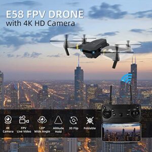 E58 Drones Camera for Adults/Kids/Beginners, Foldable 4K Drone with 1080P HD Camera RC Quadcopter, WiFi FPV Live Video, Altitude Hold, One Key Take Off/Landing, 3D Flip. Gifts for Girls/Boys