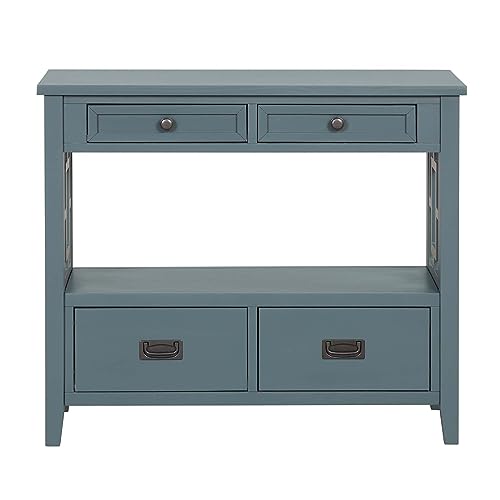 DUNTRKDU Console Table, Vintage Sofa Tables for Entryway, Narrow Tables with Open Storage Shelves & 4 Storage Drawers, 36” Console Tables for Living Room Hallway Sofa Couch Hallway Bar Kitchen (Blue)