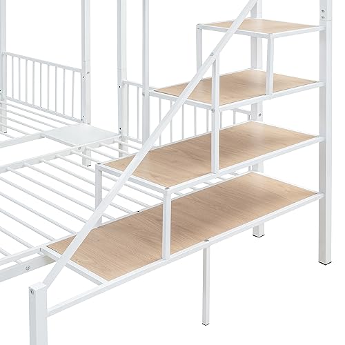 Merax Full Over Twin-Twin Triple Metal Bunk Bed Frame with 2 Storage Drawers and Staircase,White