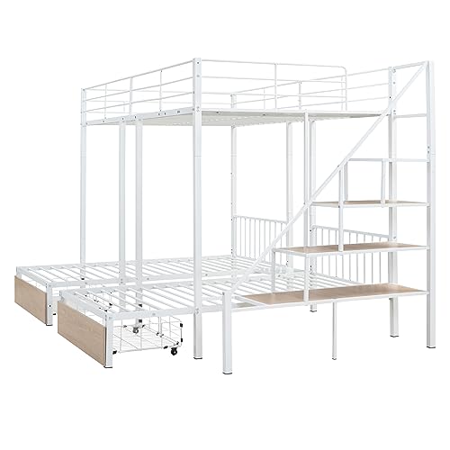 Merax Full Over Twin-Twin Triple Metal Bunk Bed Frame with 2 Storage Drawers and Staircase,White