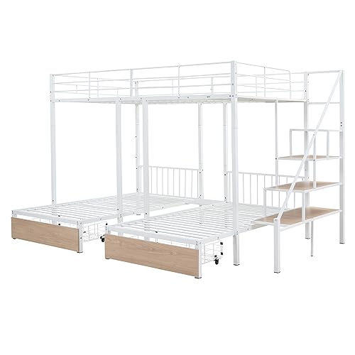 Merax Full Over Twin-Twin Triple Metal Bunk Bed Frame with 2 Storage Drawers and Staircase,White