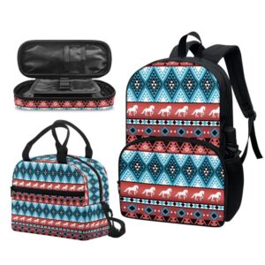 rivatimrio horse rhombus geometric backpack and tribal ethnic lunchbox pencil case set 3 in 1 elementary middle school bookbags and lunch box set for teens kids book bags