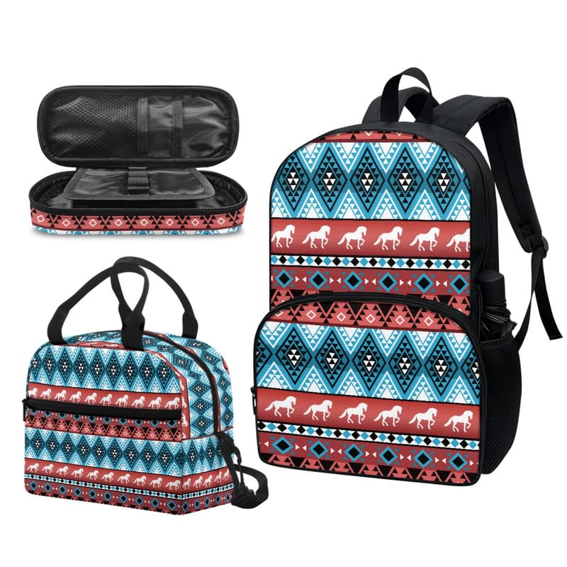 Rivatimrio Horse Rhombus Geometric Backpack and Tribal Ethnic Lunchbox Pencil Case Set 3 in 1 Elementary Middle School Bookbags and Lunch Box Set for Teens Kids Book Bags