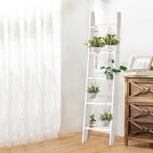 Babion Blanket Ladder, 5-Tier Ladder Shelf, Ladder Bookshelf, Wood Blanket Ladder, Wall Leaning Wooden Towel Blanket Ladder Storage Rack for Bathroom, White