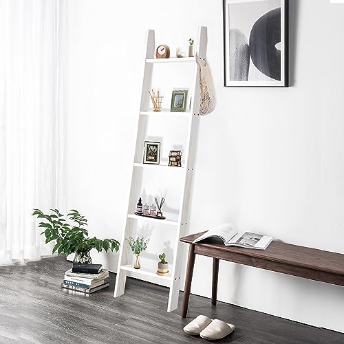 Babion Blanket Ladder, 5-Tier Ladder Shelf, Ladder Bookshelf, Wood Blanket Ladder, Wall Leaning Wooden Towel Blanket Ladder Storage Rack for Bathroom, White