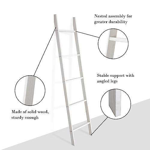 Babion Blanket Ladder, 5-Tier Ladder Shelf, Ladder Bookshelf, Wood Blanket Ladder, Wall Leaning Wooden Towel Blanket Ladder Storage Rack for Bathroom, White