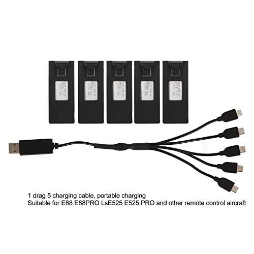 5pcs RC Drone Battery and Charging Cable Set, 3.7V 3000mAh Lithium Battery for E88 E88PRO LsE525 E525 PRO Quadcopter Drone, Replacement Battery Accessories
