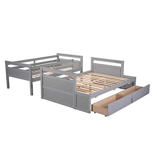 ATY Twin Over Full Bunk Bed with 2 Storage Drawers, Wooden Bedframe w/Ladder & Safety Guardrail, Can be Divided into 2Beds, Save Space, for Bedroom, Guestroom, Dorm,No Box Spring Needed, Gray