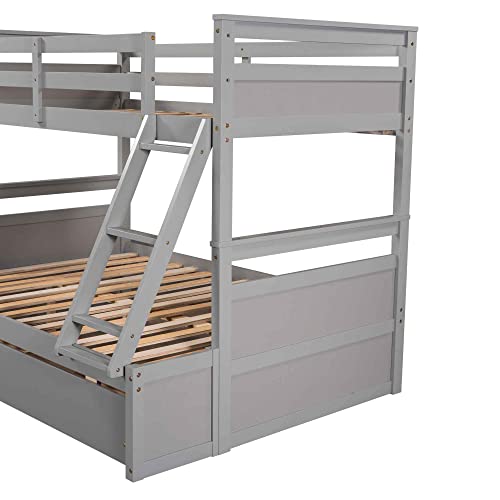 ATY Twin Over Full Bunk Bed with 2 Storage Drawers, Wooden Bedframe w/Ladder & Safety Guardrail, Can be Divided into 2Beds, Save Space, for Bedroom, Guestroom, Dorm,No Box Spring Needed, Gray