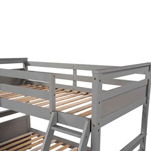 ATY Twin Over Full Bunk Bed with 2 Storage Drawers, Wooden Bedframe w/Ladder & Safety Guardrail, Can be Divided into 2Beds, Save Space, for Bedroom, Guestroom, Dorm,No Box Spring Needed, Gray