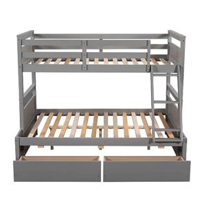 ATY Twin Over Full Bunk Bed with 2 Storage Drawers, Wooden Bedframe w/Ladder & Safety Guardrail, Can be Divided into 2Beds, Save Space, for Bedroom, Guestroom, Dorm,No Box Spring Needed, Gray