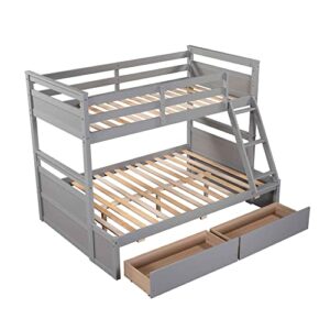 ATY Twin Over Full Bunk Bed with 2 Storage Drawers, Wooden Bedframe w/Ladder & Safety Guardrail, Can be Divided into 2Beds, Save Space, for Bedroom, Guestroom, Dorm,No Box Spring Needed, Gray