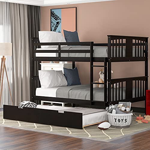 BIADNBZ Full Over Full Bunk Bed with Twin Size Trundle, Ladder and Safety Guardrail, Solid Wood Bunkbed Frame for Kids Teens Adults Bedroom, Espresso