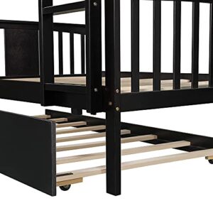 BIADNBZ Full Over Full Bunk Bed with Twin Size Trundle, Ladder and Safety Guardrail, Solid Wood Bunkbed Frame for Kids Teens Adults Bedroom, Espresso