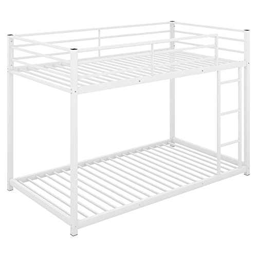 TARTOP Metal Bunk Bed Twin Over Twin, Low Bunk Bed Frame with Ladder & Guardrail for Teens Adults Dormitory Bedroom, Heavy Duty Metal Bed Frame, Easy Assembly, No Box Spring Required, White