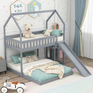 tartop twin over full house bunk bed with slide, wood floor bunk bed with built-in ladder, full-length guardrail, for kids girls boys,gray
