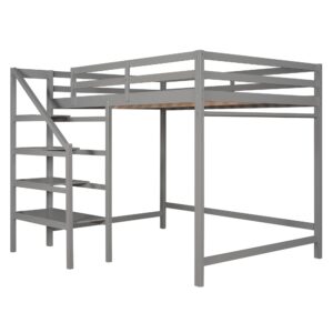 TARTOP Full Size Loft Bed with Built-in Storage Staircase and Hanger for Clothes, Solid Pine Wood Loftbed for Adults Kids Teens Bedroom,Dorm,No Spring Box Needed,Easy Assembly,Gray