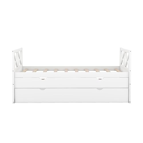 TARTOP Daybed with Pull Out Trundle, Daybed with 2 Storage Drawers, Captain Daybed with Trundle, Twin Sofa Bed with Trundle for Bedroom Living,White