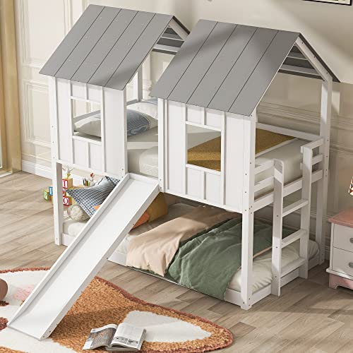 TARTOP Twin-Over-Twin Wooden House Bunk Bed with Slide, Windows, Ladder and Guardrails, Twin Size House Bunk Bed,White