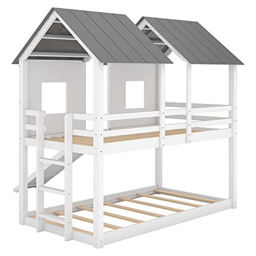 TARTOP Twin-Over-Twin Wooden House Bunk Bed with Slide, Windows, Ladder and Guardrails, Twin Size House Bunk Bed,White