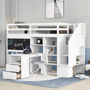 tartop twin size loft bed with pullable desk and storage shelves under bed,wood high loft bed with staircase and blackboard, twin size loft bed frame for kids, teens, adults, white