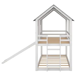 TARTOP Twin-Over-Twin Wooden House Bunk Bed with Slide, Windows, Ladder and Guardrails, Twin Size House Bunk Bed,White