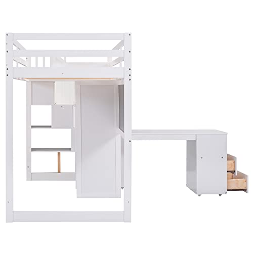 TARTOP Twin Size Loft Bed with Pullable Desk and Storage Shelves Under Bed,Wood High Loft Bed with Staircase and Blackboard, Twin Size Loft Bed Frame for Kids, Teens, Adults, White
