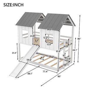 TARTOP Twin-Over-Twin Wooden House Bunk Bed with Slide, Windows, Ladder and Guardrails, Twin Size House Bunk Bed,White