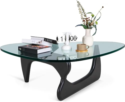 OTDMEL Mid Century Table Triangle Vintage Glass End Table, Glass Coffee Table with Solid Wood Base and Triangle Clear Glass Top Modern End Table for Living Room, Patio, Study, Black