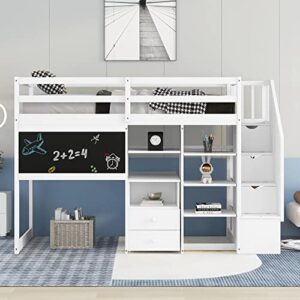 TARTOP Twin Size Loft Bed with Pullable Desk and Storage Shelves Under Bed,Wood High Loft Bed with Staircase and Blackboard, Twin Size Loft Bed Frame for Kids, Teens, Adults, White