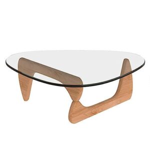 mid-century modern end table with solid wood base triangle glass coffee table vintage tempered glass center table for living room balcony accent table raw wood/transparent medium 35.8 * 25.5 * 16in