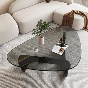 Mid-Century Modern End Table with Solid Wood Base Triangle Glass Coffee Table Vintage Tempered Glass Center Table for Living Room Balcony Accent Table Raw Wood/Transparent Medium 35.8 * 25.5 * 16in