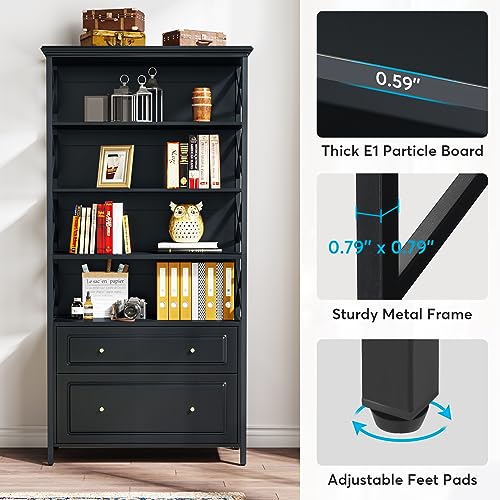 Tribesigns Black Bookshelf with 2 Drawers Tall Narrow Bookshelf Industrial 5 Tier Bookcase Heavy Duty Display Book Shelf Organizer with Open Storage Shelves for Living Room, Bedroom