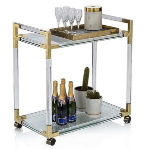vlobaom gold bar cart on wheels, clear acrylic serving cart for home, mobile storage shelf, rolling drink trolley for living room, kitchen, hotel,80x40x80cm,gold