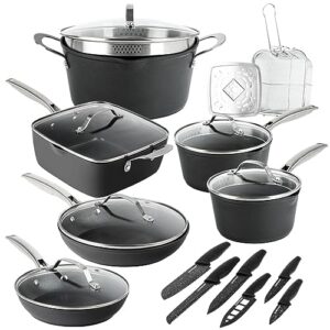 granitestone armor max 20 pc pots and pans set nonstick cookware set, complete kitchen cookware set with non stick pots and pans set with lids + knife set, induction/oven/dishwasher safe, non toxic