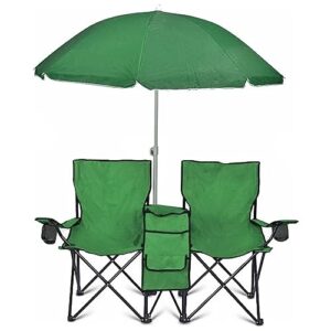 goteam portable double folding chair w/removable umbrella, cooler bag and carry case - green