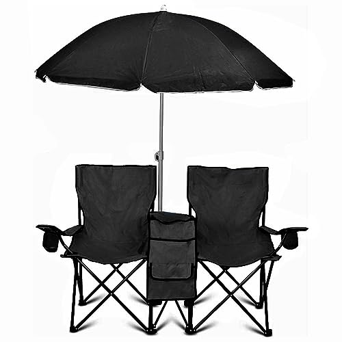 GoTeam Portable Double Folding Chair w/Removable Umbrella, Cooler Bag and Carry Case - Green