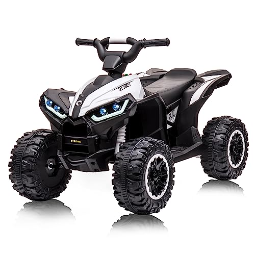 ACONEE Kids Ride on ATV, 12V 4 Wheeler Battery Powered Quad Toy Vehicle with Music, Horn, High Low Speeds, LED Lights, Electric Ride On Toy, Soft Start, for Boys & Girls Gift, Ride (White)