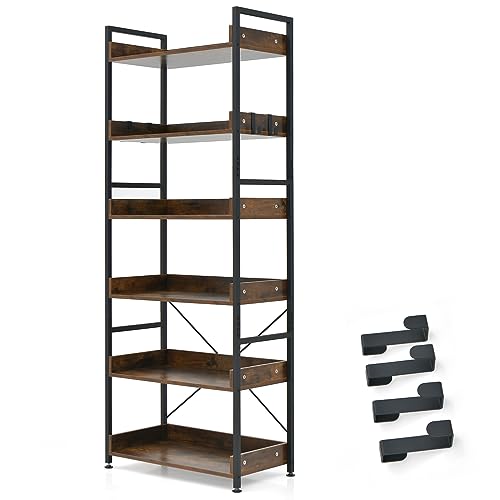 Giantex Industrial 6-Tier Bookshelf, 70" Tall Freestanding Storage Display Shelf with 4 Hooks, Anti-Tipping Device, Adjustable Foot Pads, Wooden Floor Open Display Shelving, Bookcase Shelf Rack