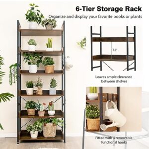 Giantex Industrial 6-Tier Bookshelf, 70" Tall Freestanding Storage Display Shelf with 4 Hooks, Anti-Tipping Device, Adjustable Foot Pads, Wooden Floor Open Display Shelving, Bookcase Shelf Rack