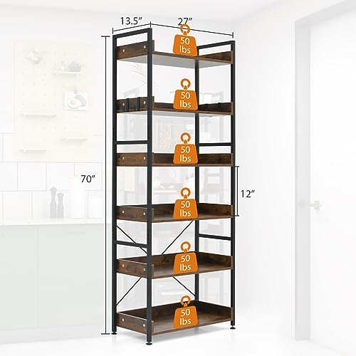 Giantex Industrial 6-Tier Bookshelf, 70" Tall Freestanding Storage Display Shelf with 4 Hooks, Anti-Tipping Device, Adjustable Foot Pads, Wooden Floor Open Display Shelving, Bookcase Shelf Rack